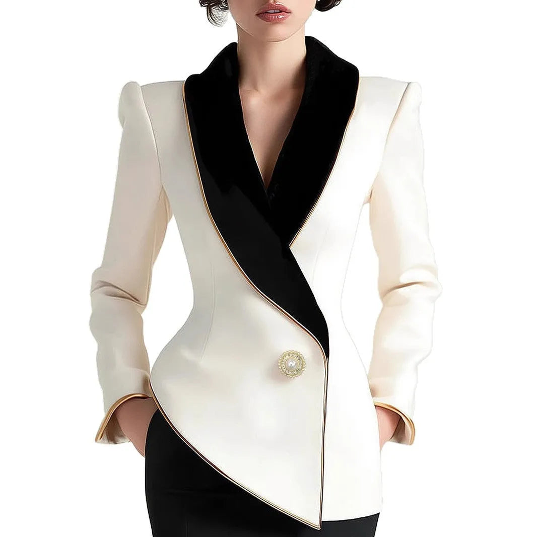 Women's beige irregular trench coat with golden edge pearl buttons and long sleeves