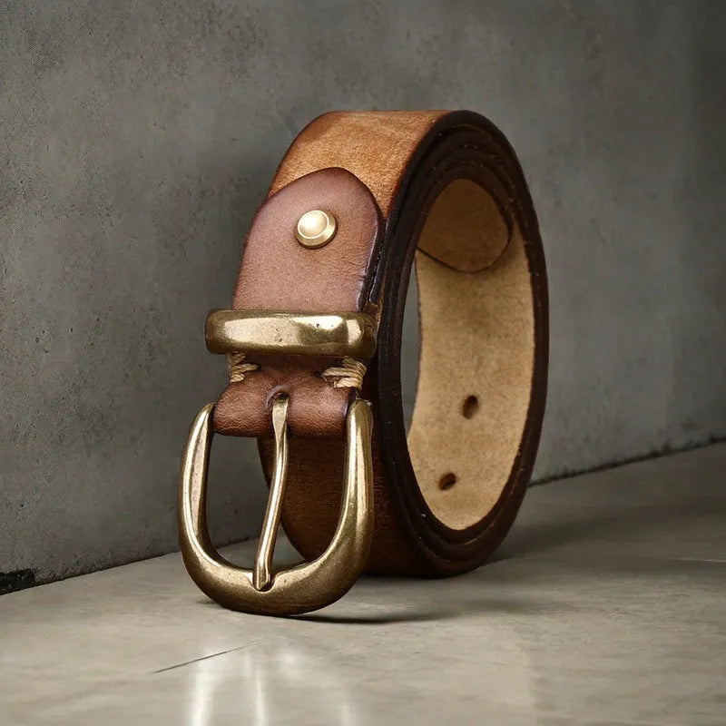 Men's casual cowhide leather belt with a copper buckle in black, brown or khaki.