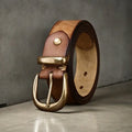 Men's casual cowhide leather belt with a copper buckle in black, brown or khaki.