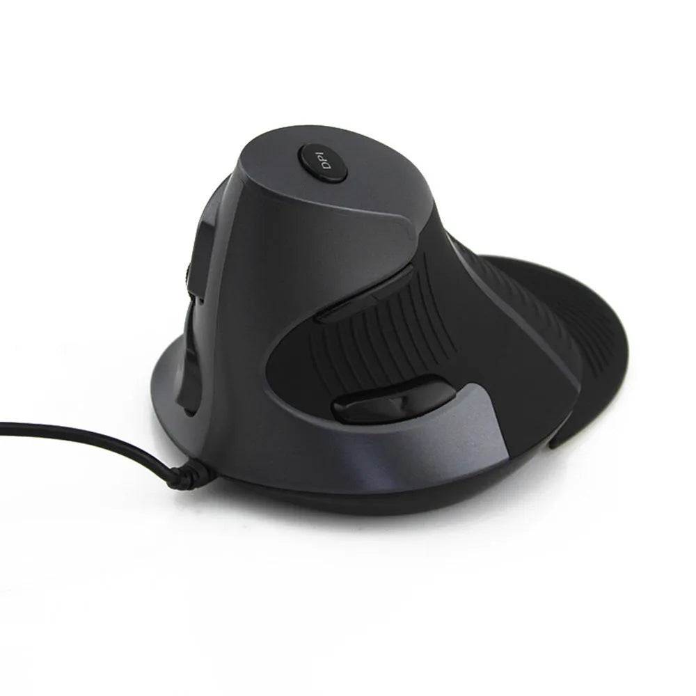 Black ergonomic vertical computer mouse showing upright design and USB cable