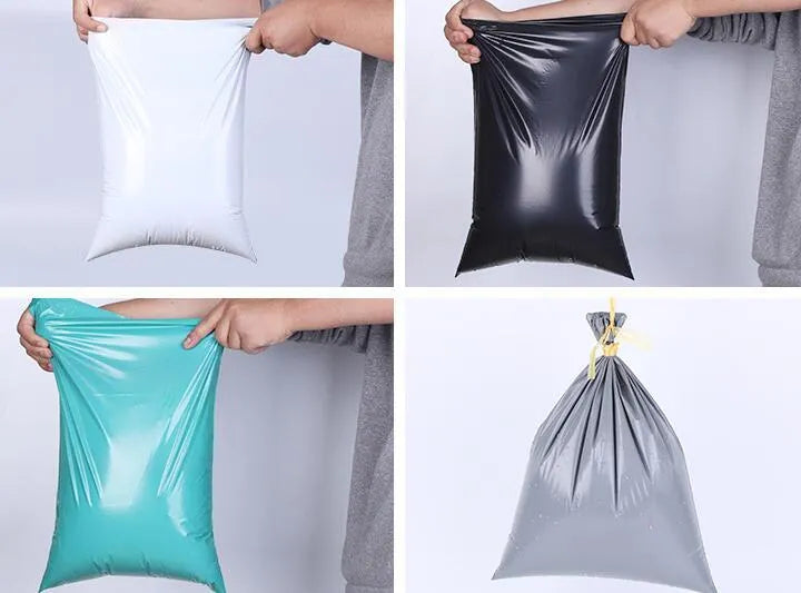 Black, grey, green, and white PE courier bags with adhesive sticker seals in various sizes.