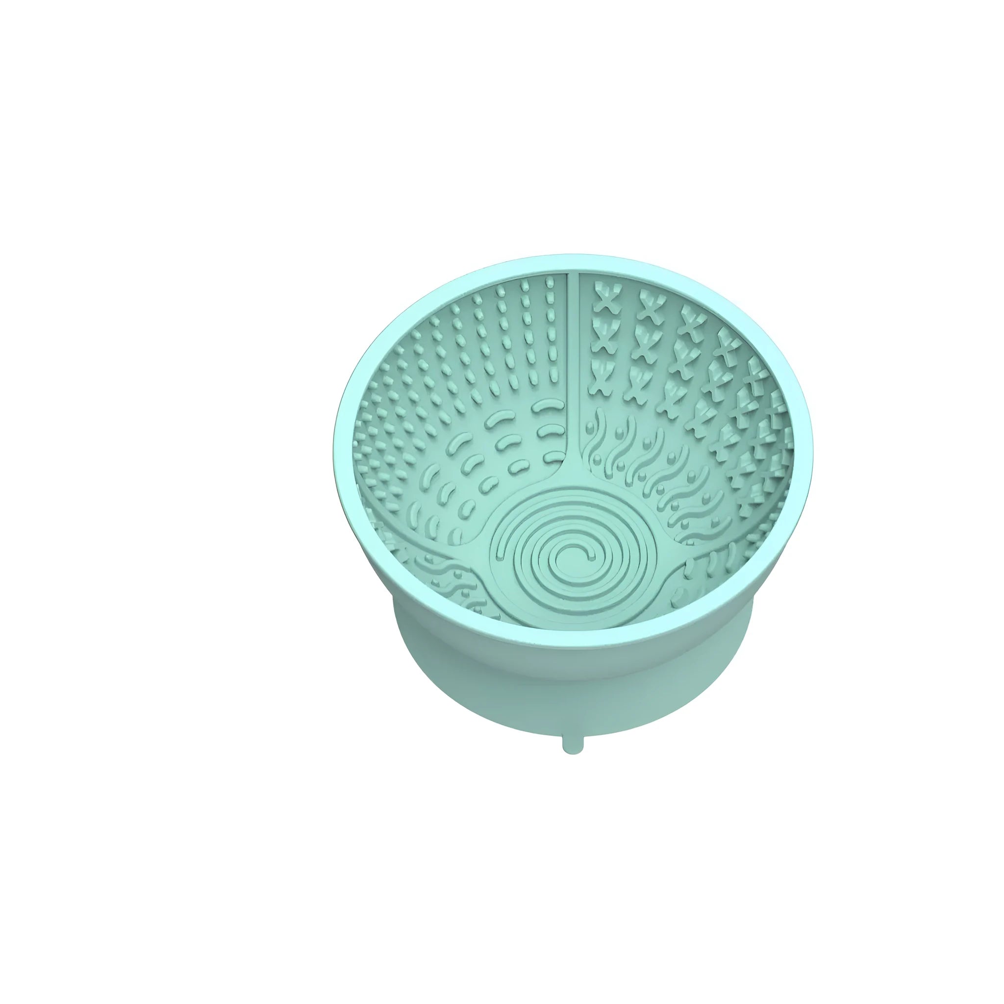 Cyan silicone pet bowl with textured licking mat surface and suction cup base