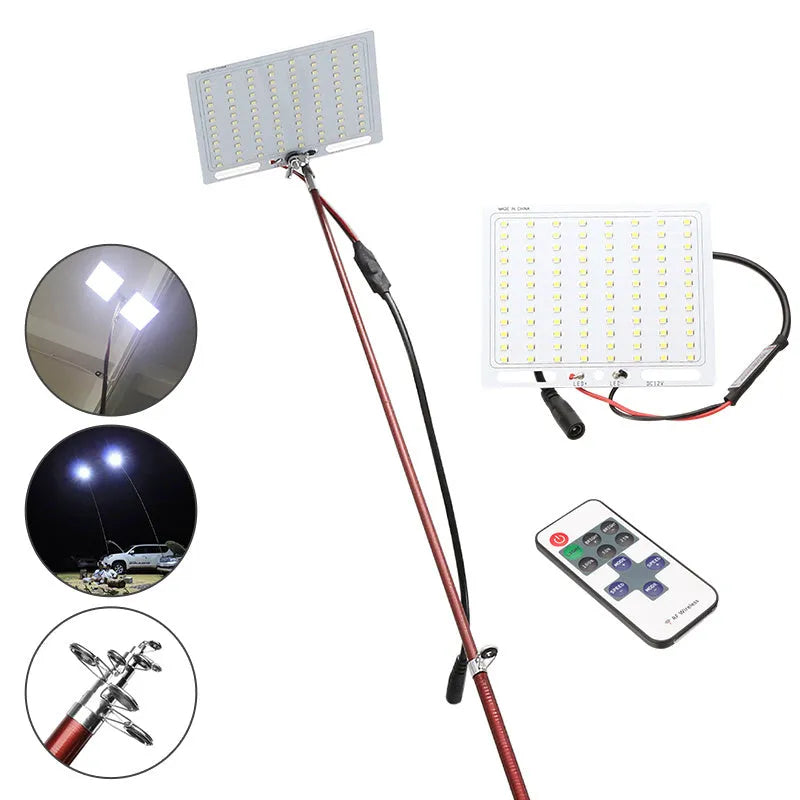 White LED fishing rod light with telescopic pole and remote control for outdoor night fishing and camping