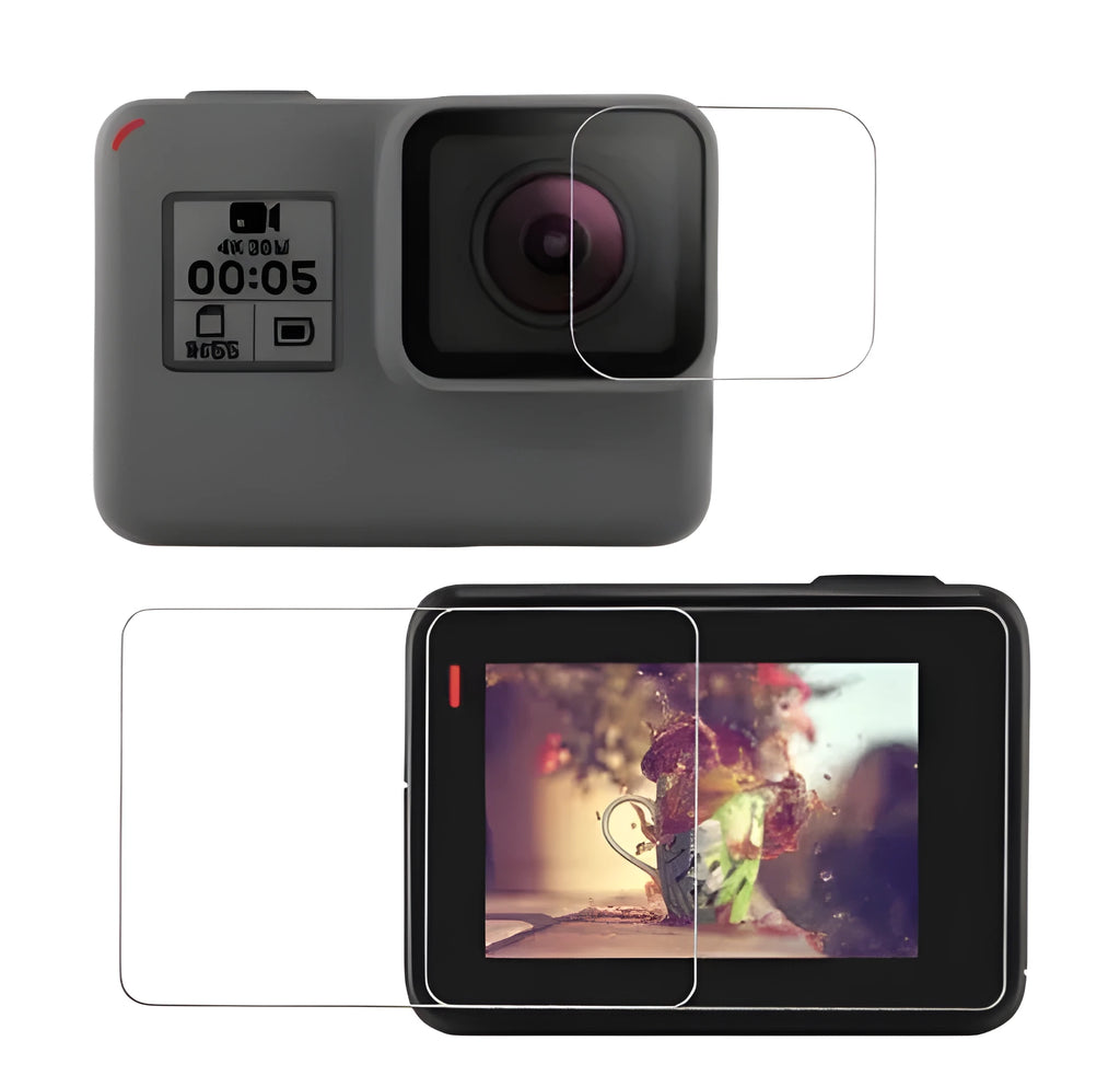 GoPro Hero camera with transparent tempered glass lens and LCD screen protectors applied.