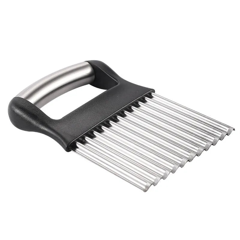 Stainless steel potato wave knife for cutting crinkle chips, shown in black colour.