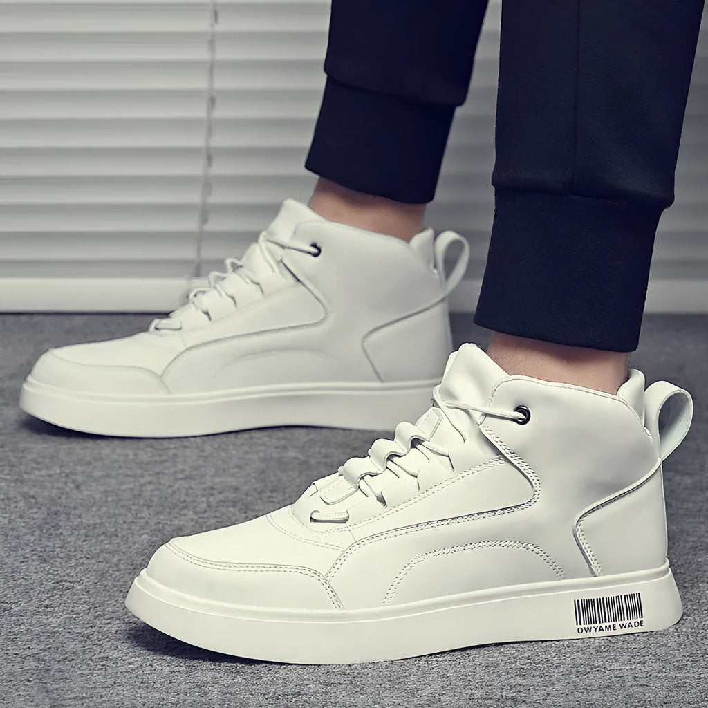 Men's white mid-top board shoes with round toe and flat rubber sole on grey background