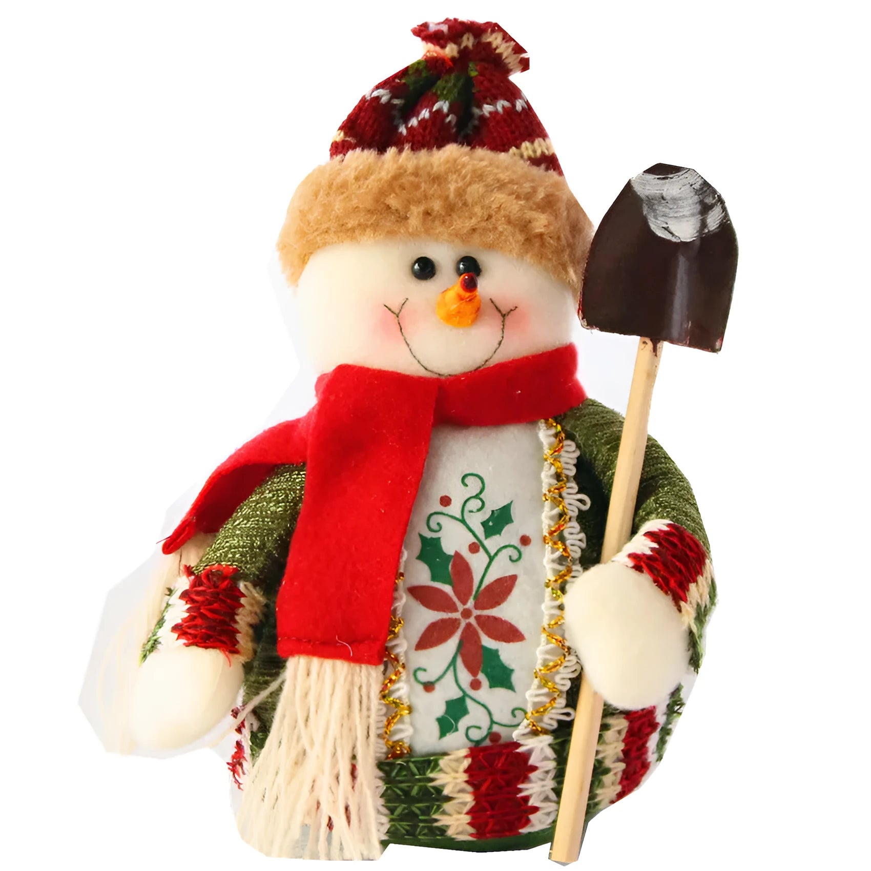 Three flannel Christmas snowman decorations in red, green and white colours