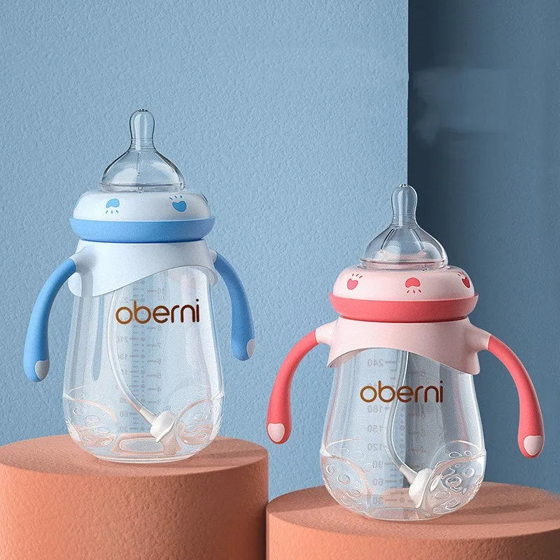 Wide caliber anti-colic baby bottle with handle in blue colour 300ml capacity