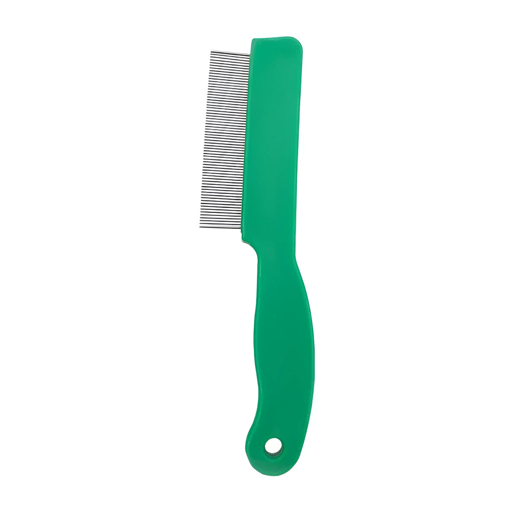 Green plastic-handled pet flea comb with stainless steel pins for dog and cat grooming