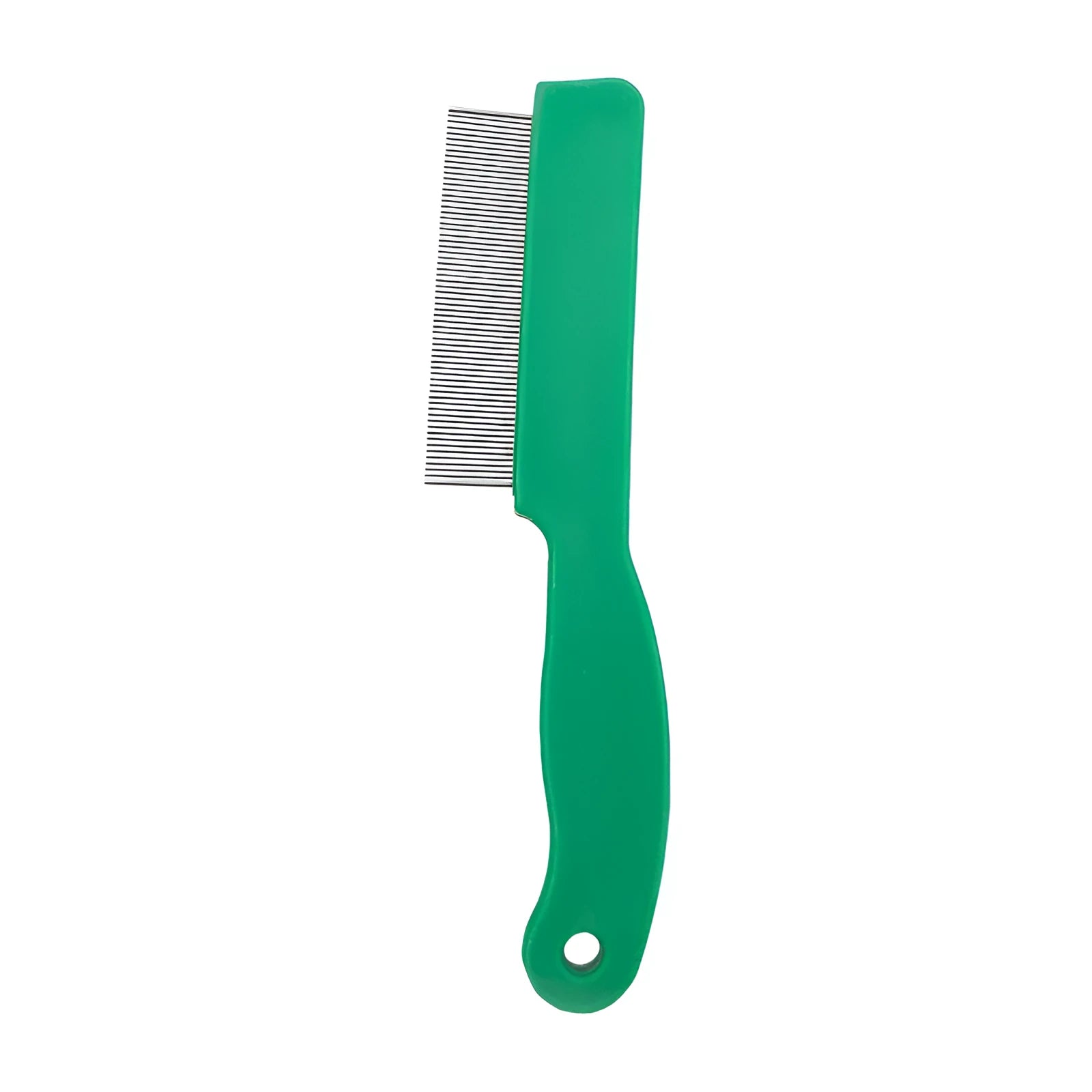 Green plastic-handled pet flea comb with stainless steel pins for dog and cat grooming