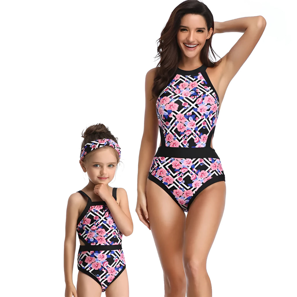 Women kids swimsuit Japanese floral pattern nylon blue two-piece for swimming wading
