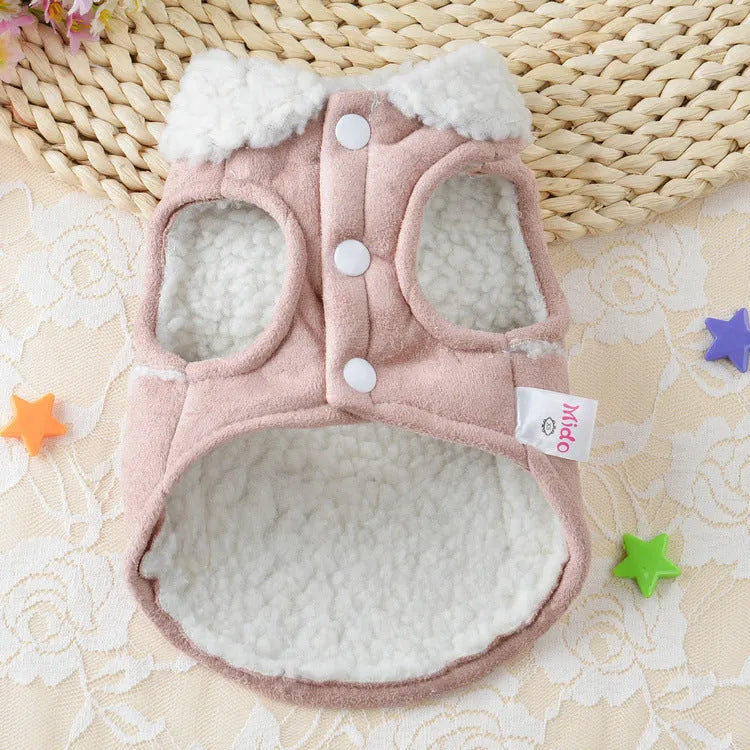 Brown lamb velvet teddy dog costume on small breed dog, front view showing pullover style and soft pile texture