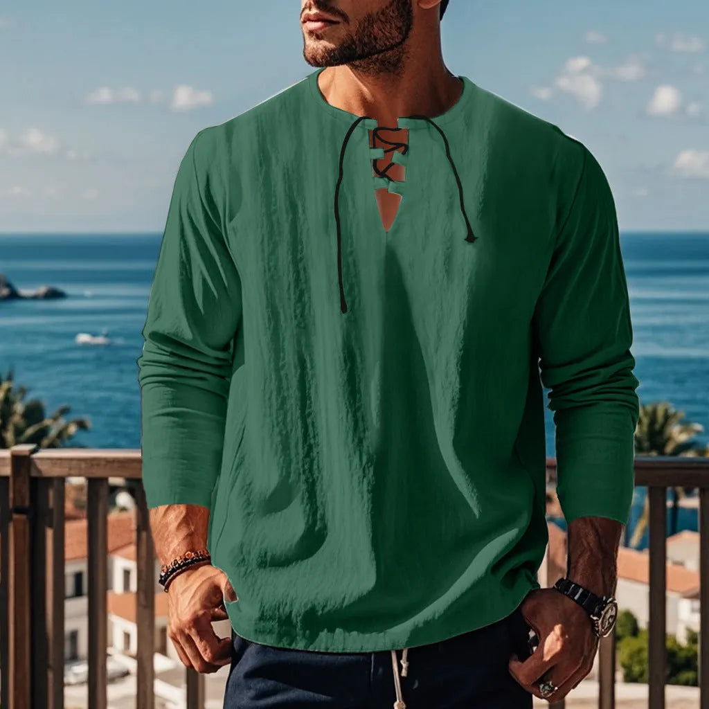 Men's solid colour cotton linen blend loose fit pullover shirt on a hanger.