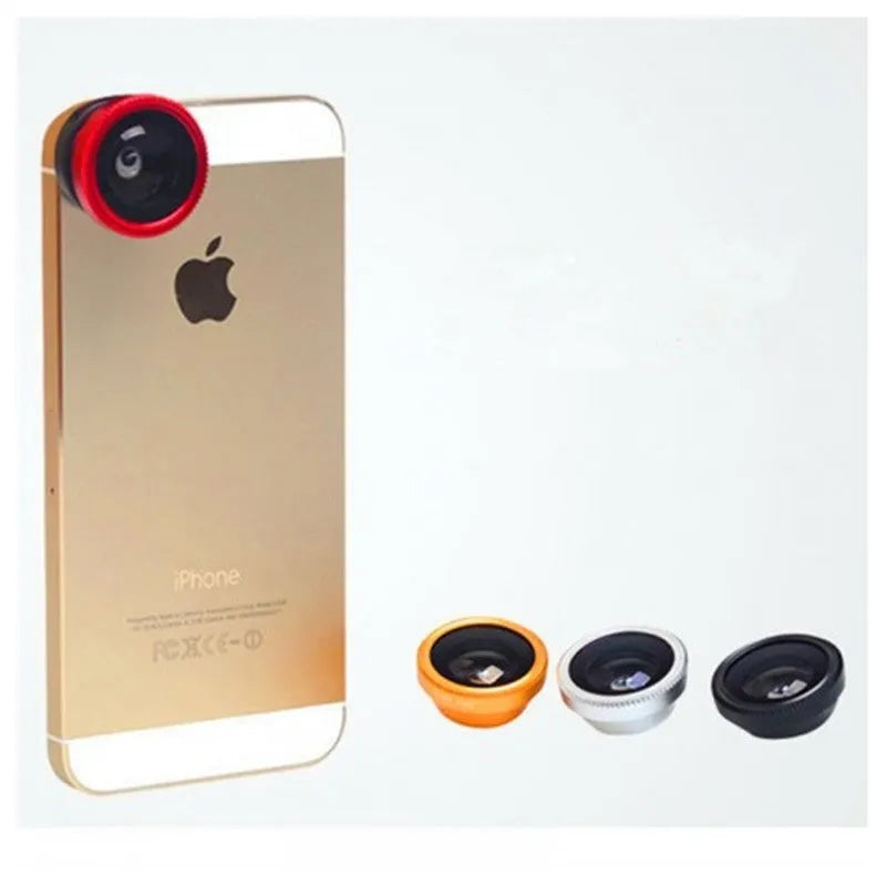 Smartphone clip-on lens kit showing fisheye lens and 2-in-1 wide angle macro lens with universal clip