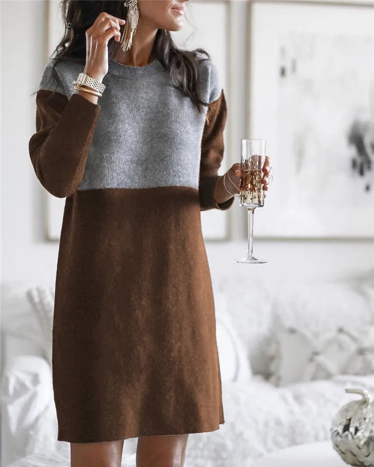 Brown women's patchwork sweater dress with long sleeves and round neck in retro art style