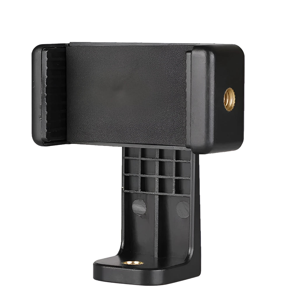 Black plastic rotating clamp phone holder on a desk, showing compact size and adjustable angle.