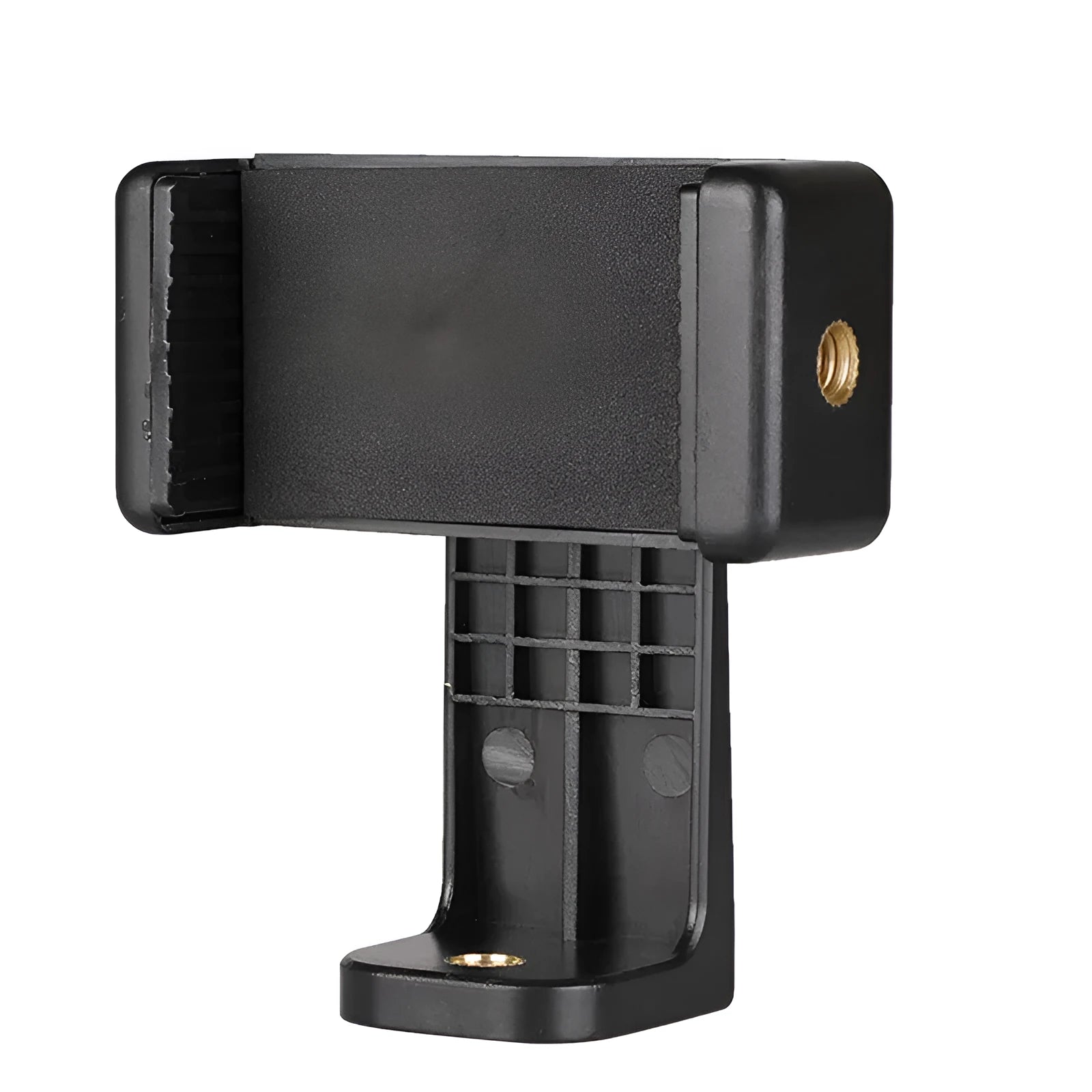 Black plastic rotating clamp phone holder on a desk, showing compact size and adjustable angle.