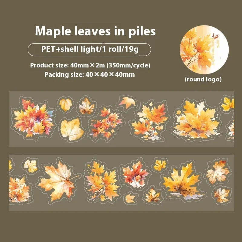 Roll of Deciduous Poetry Series 40mm wide decorative PET stickers showing six leaf designs including ginkgo and maple.