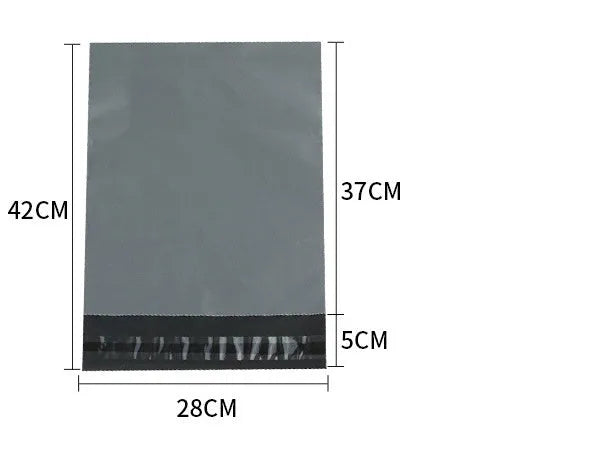Black, grey, green, and white PE courier bags with adhesive sticker seals in various sizes.