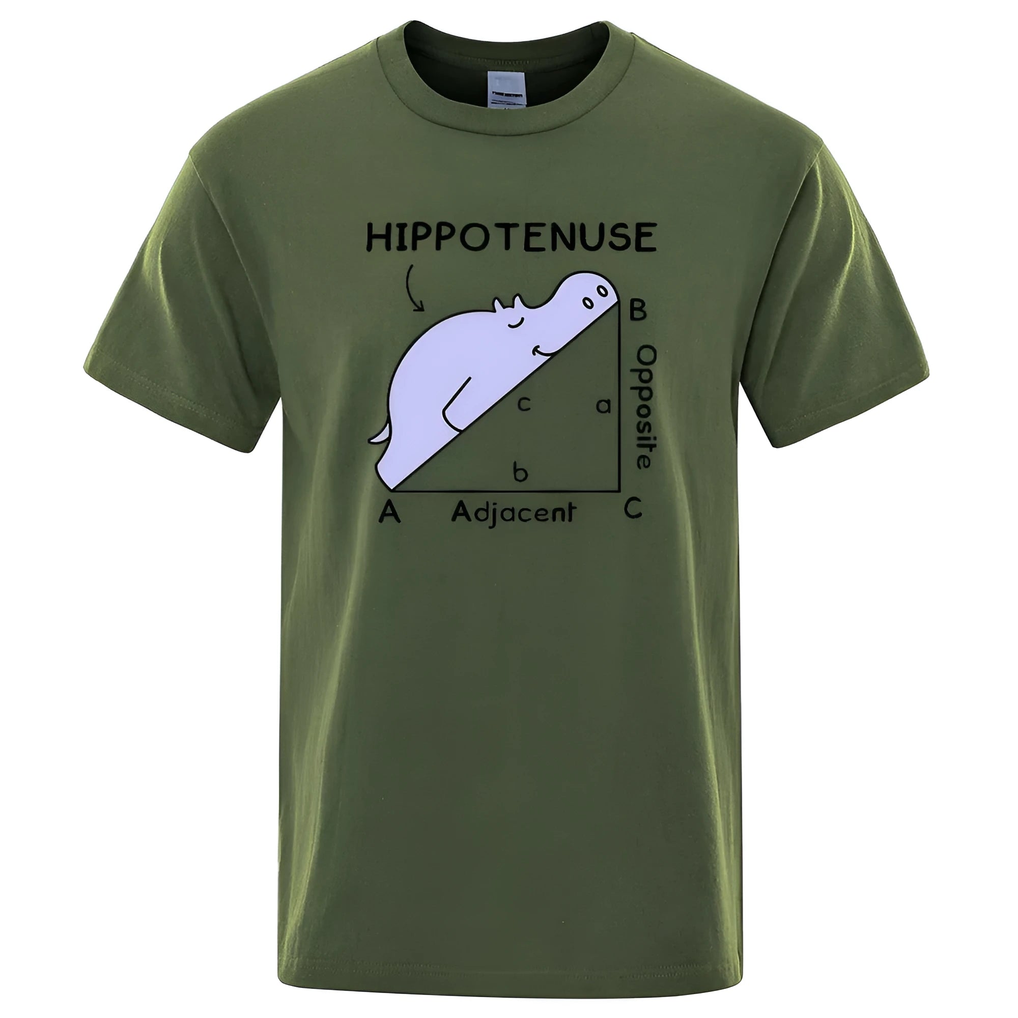 Mathematics humour printed cotton T-shirt showing Hippotenuse Opposite Adjacent design in loose fit with regular sleeves