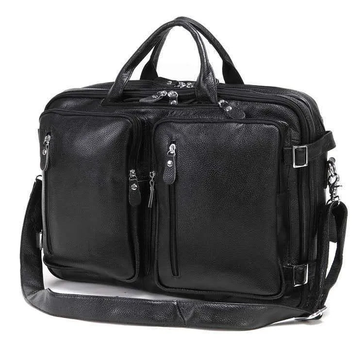 Black large leather handbag horizontal square shape with zipper closure and multiple internal compartments