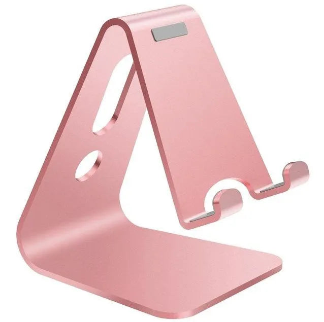 Aluminium alloy universal phone and tablet stand in black, red, rose gold, and silver colour options.