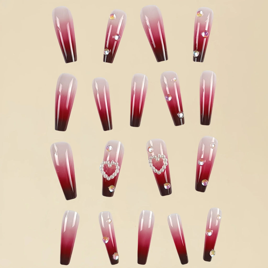Wine red gradient plaid false nail tips with long ballet style and jelly glue system