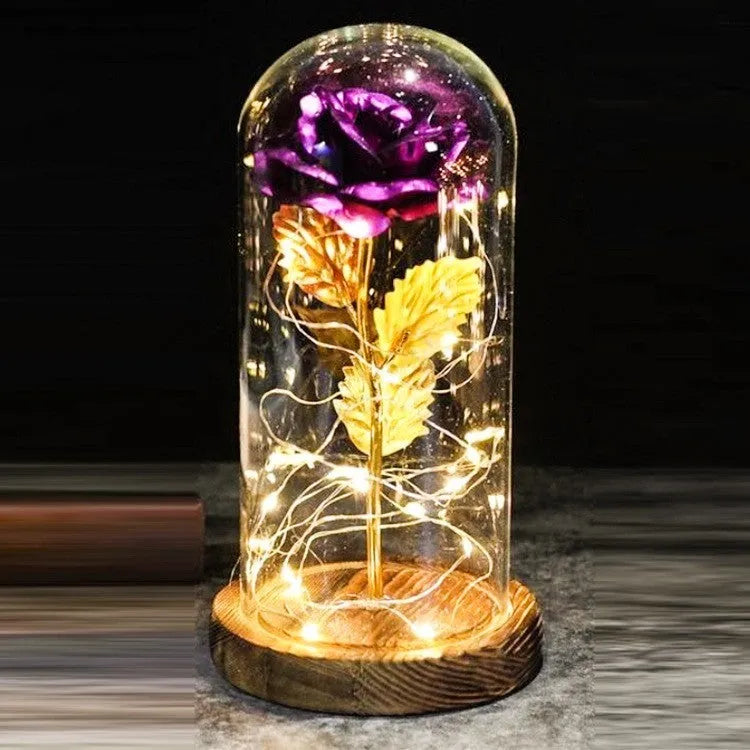 Silk rose bouquet with LED string lights and glass cover for wedding decoration