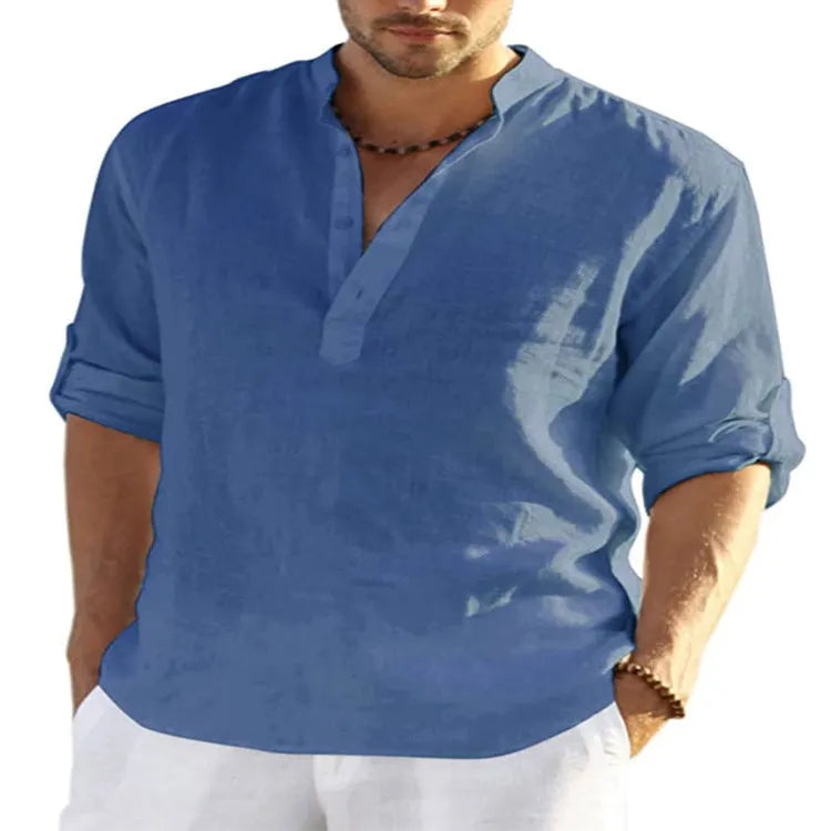 Men's cotton linen stand collar shirt in solid colour with button-down front and long sleeves