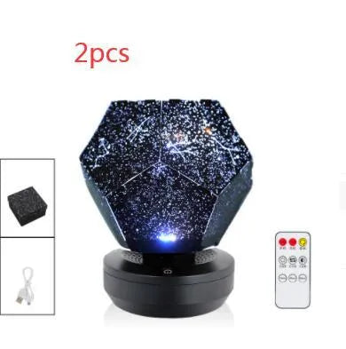 LED star projector night light showing constellation projection on a bedroom ceiling with remote control.