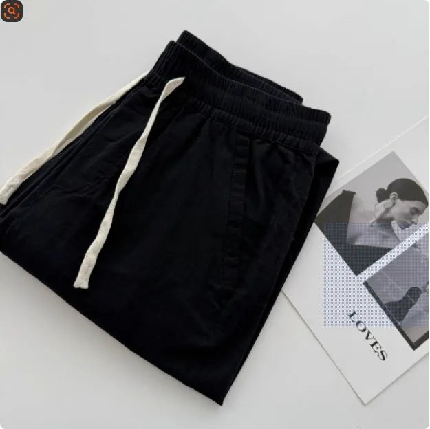 Men's loose straight leg casual pants in thin summer fabric with drawstring waistband