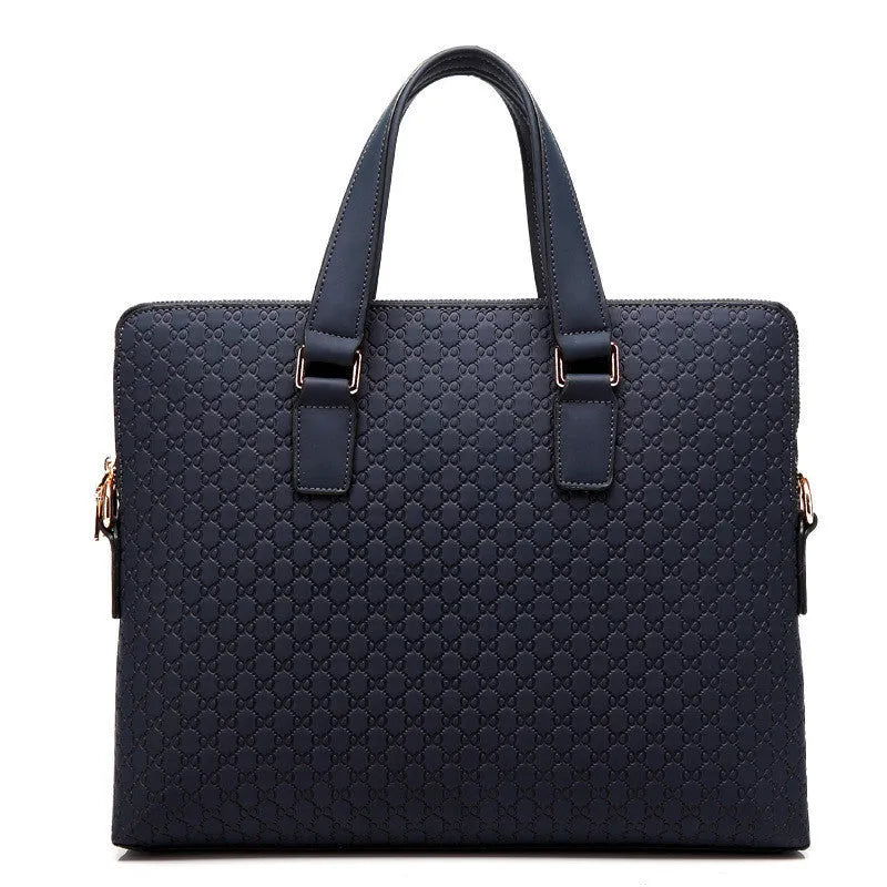 Genuine leather men's business handbag 14 inch computer bag in black with embossed geometric pattern