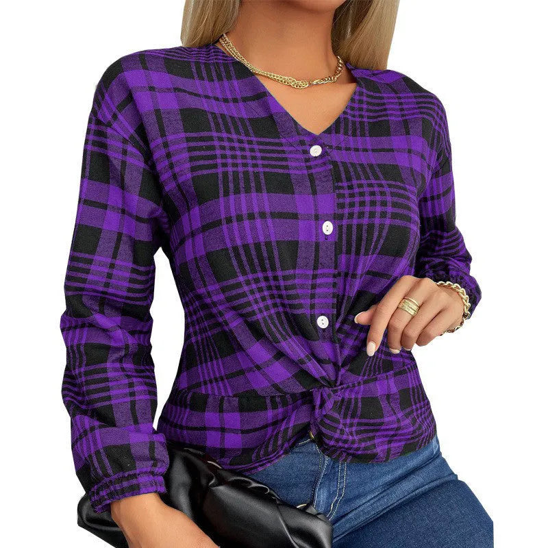 Women's plaid casual loose shirt in purple, grey or red with regular sleeves