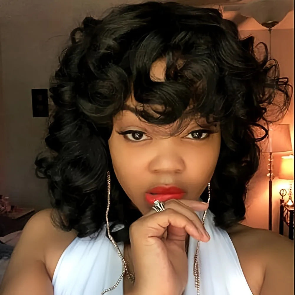 Black synthetic Afro wig with curly texture and heat-stylable high-temperature fibre construction