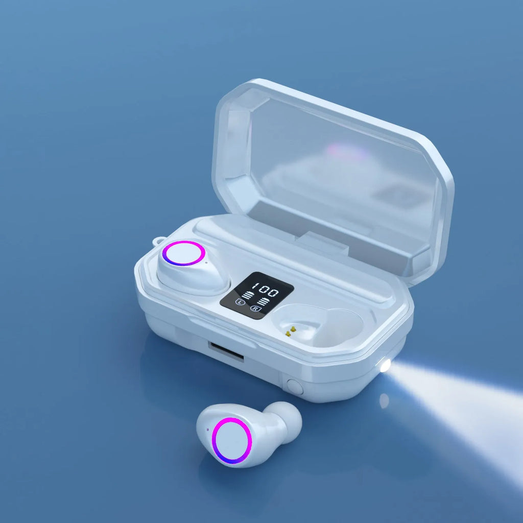 Wireless Bluetooth headset with LED power display showing battery level in charging case