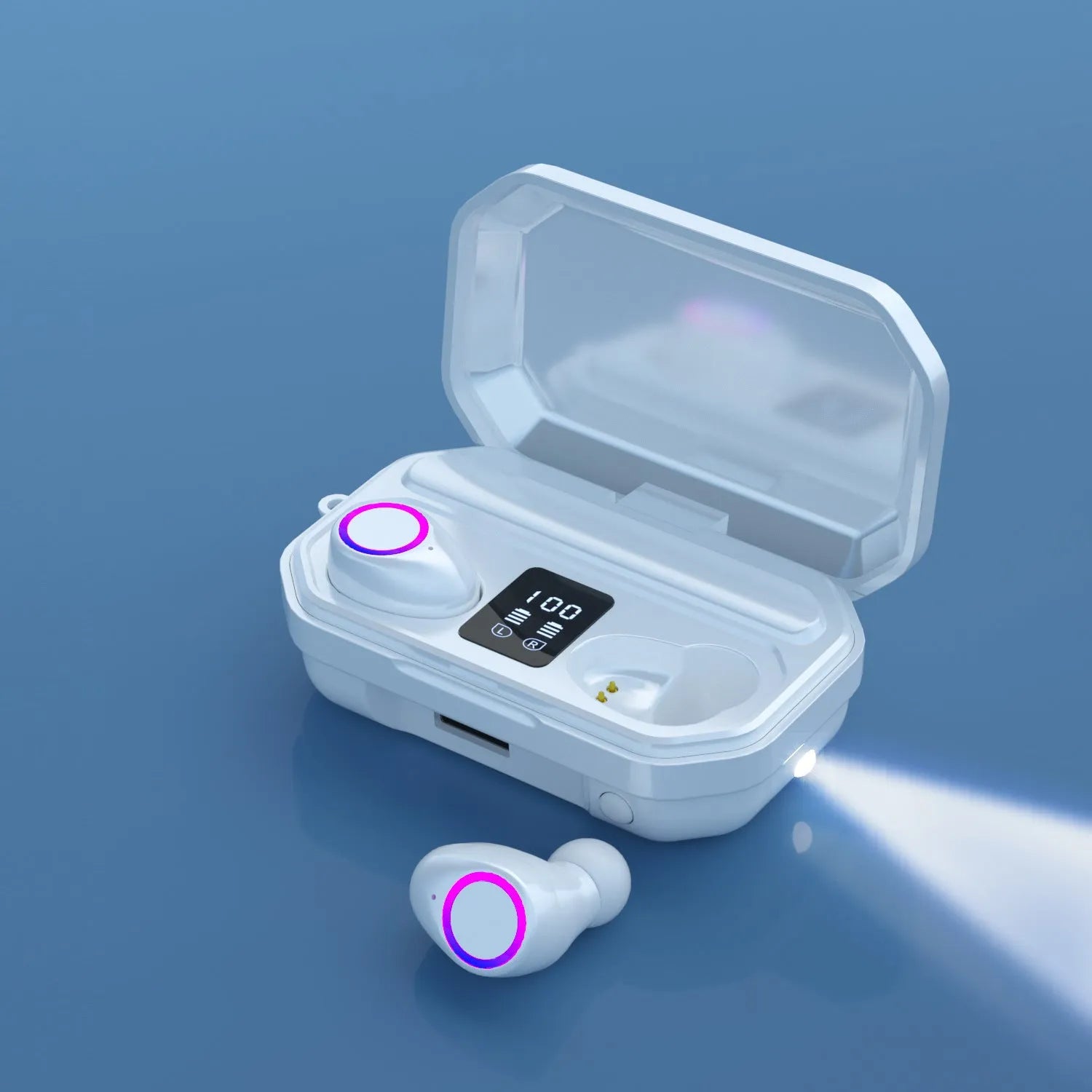 Wireless Bluetooth headset with LED power display showing battery level in charging case