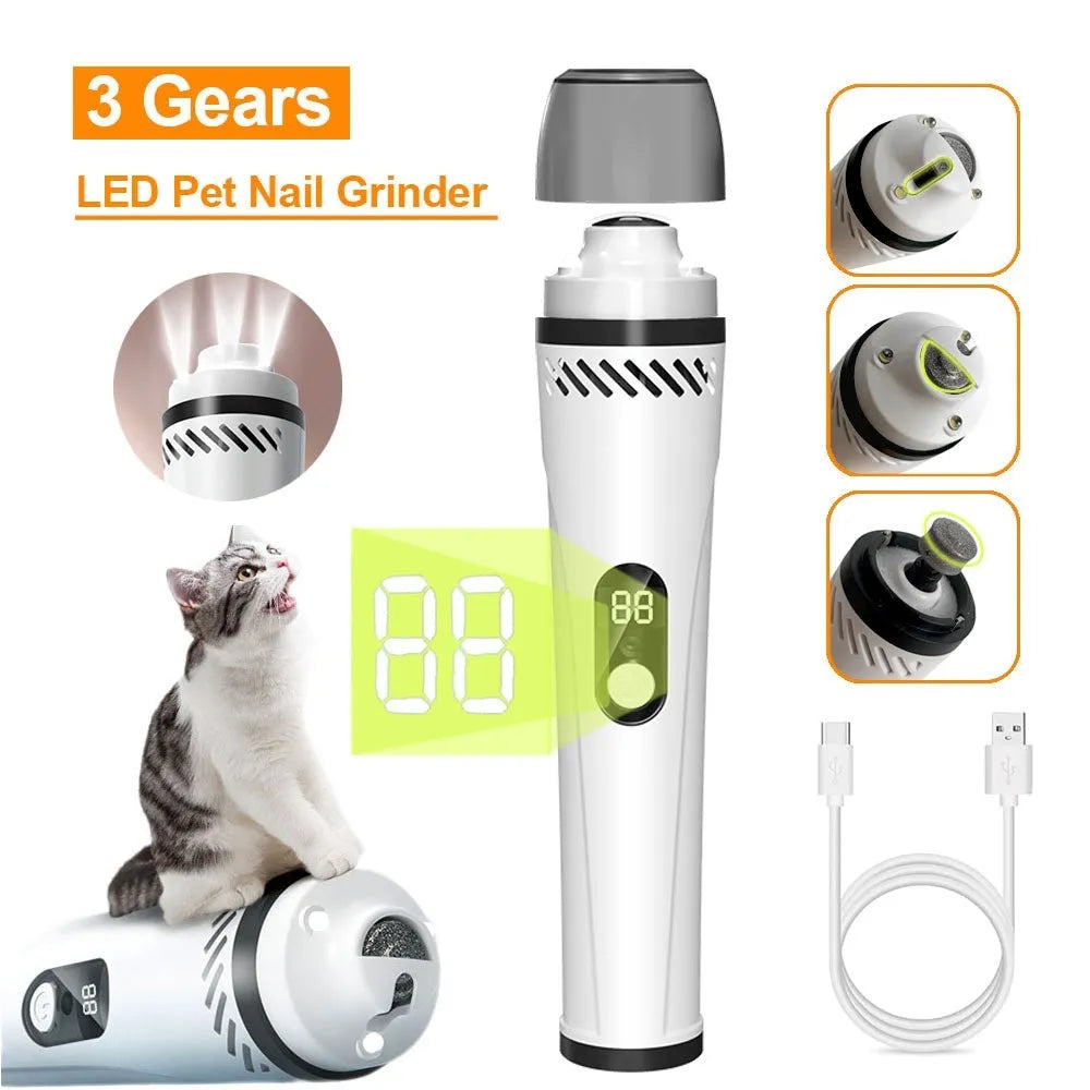 Electric dog nail trimming device with LED display showing speed settings and dust collection compartment