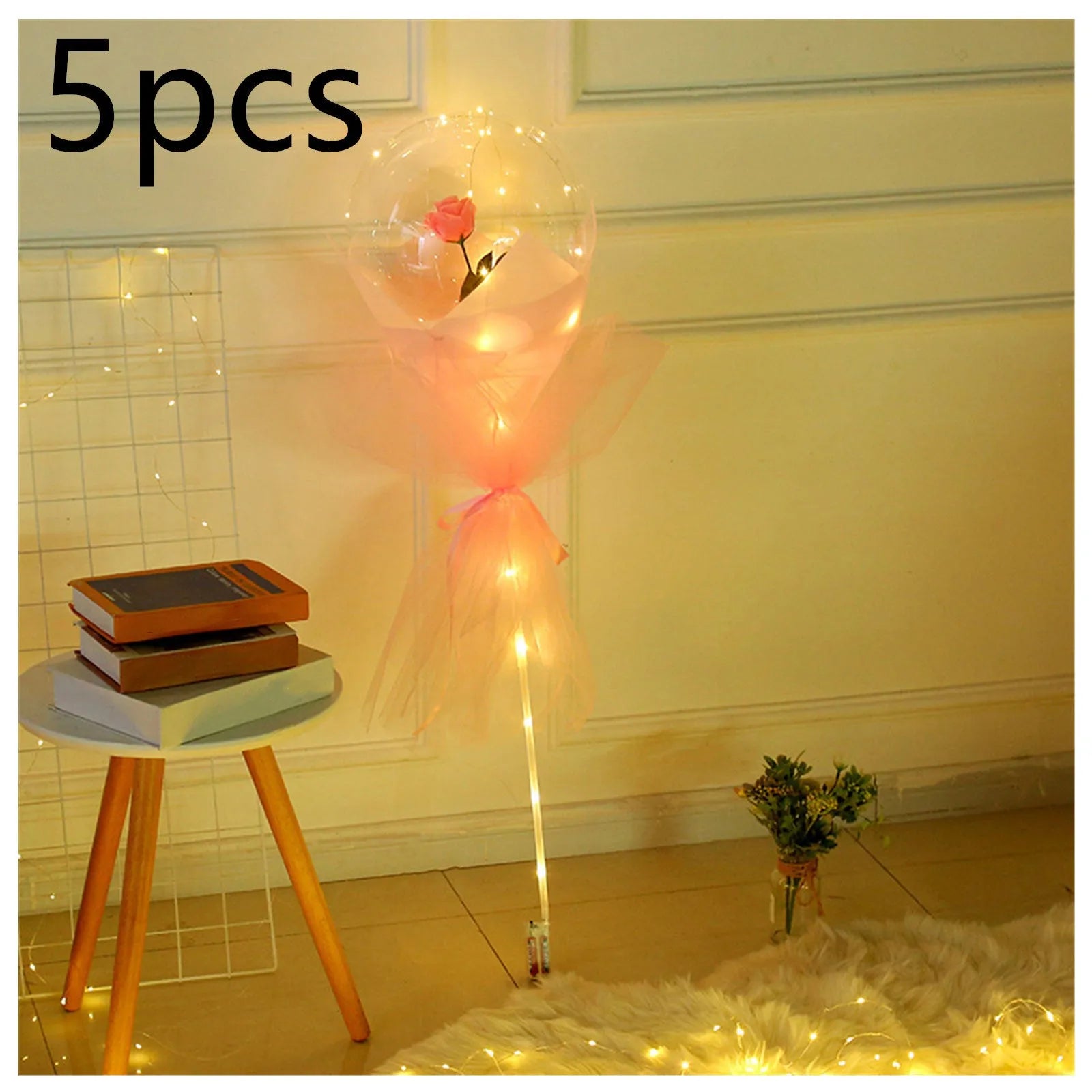 Transparent round LED luminous balloon rose bouquet with artificial flower and lights for DIY assembly