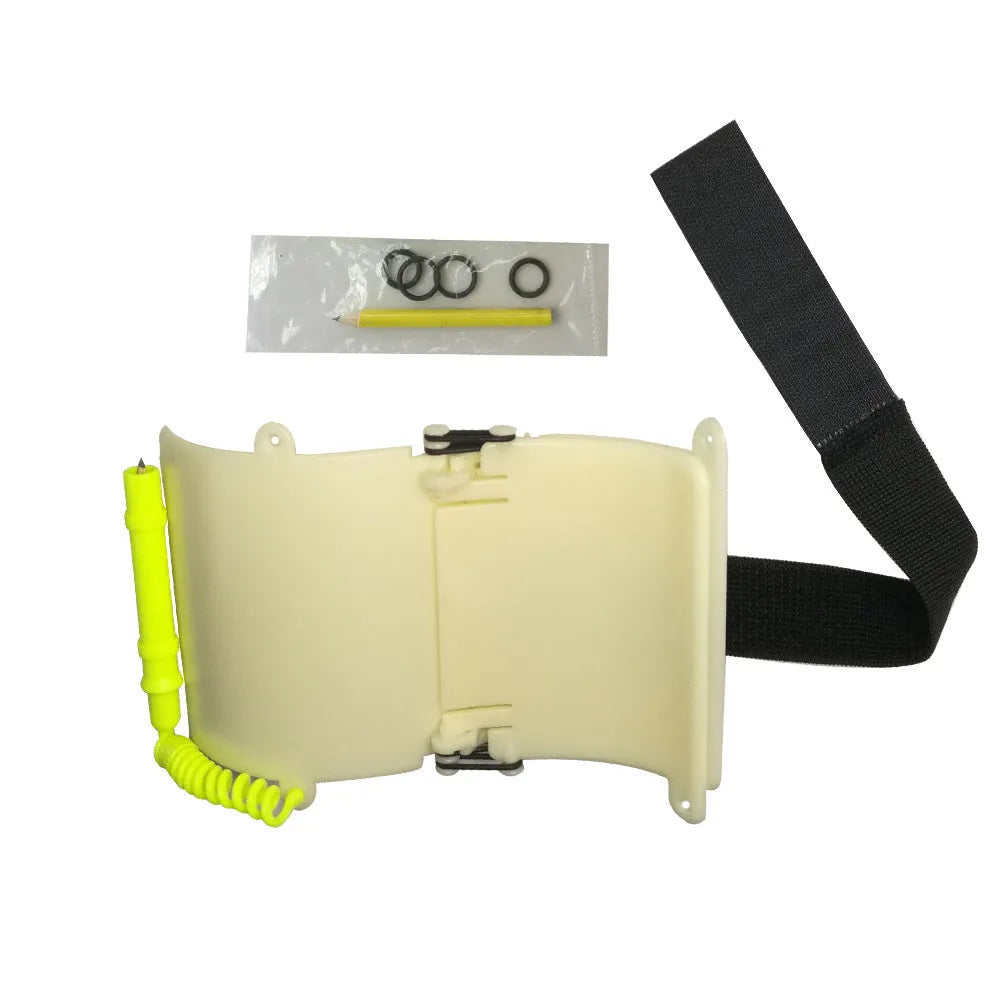 White luminous ABS diving wristboard with pencil and spare o-ring for underwater communication