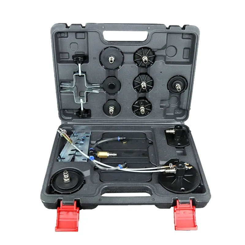 Pneumatic brake fluid replacement machine with large steel tank, pressure gauge, regulator, and transparent drain pipe.