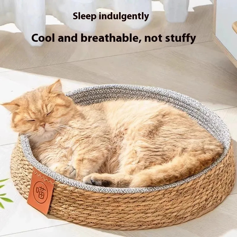 Rattan woven cat nest bed available in four sizes for indoor feline use