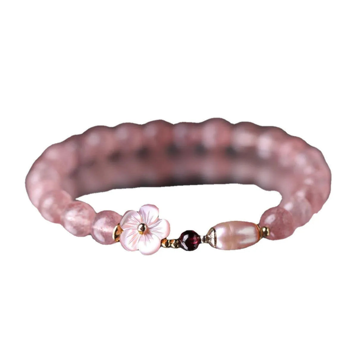 Strawberry quartz peach blossom bracelet with crystal beads and floral charm on adjustable chain