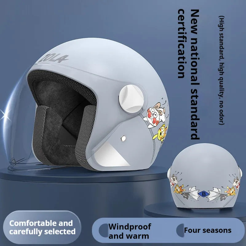 Blue electric bike helmet with attached winter scarf and a clear anti-fog visor