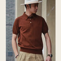 Men's solid-colour retro knitted cotton short-sleeved T-shirt in slim fit on a hanger.