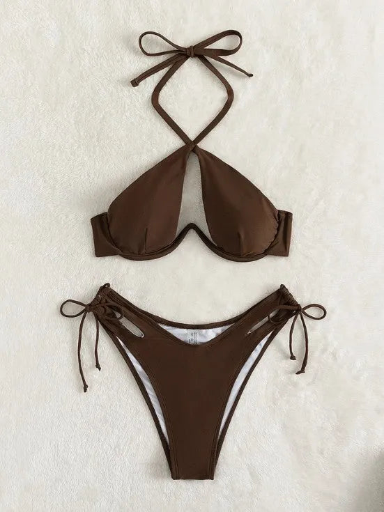 Women's brown halter bikini swimsuit with backless briefs on mannequin