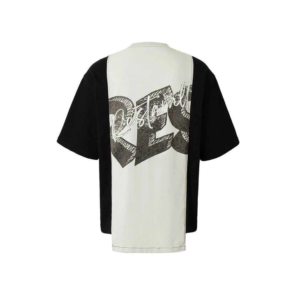 Black and white deconstruction printed loose fit cotton blend t-shirt on hanger.