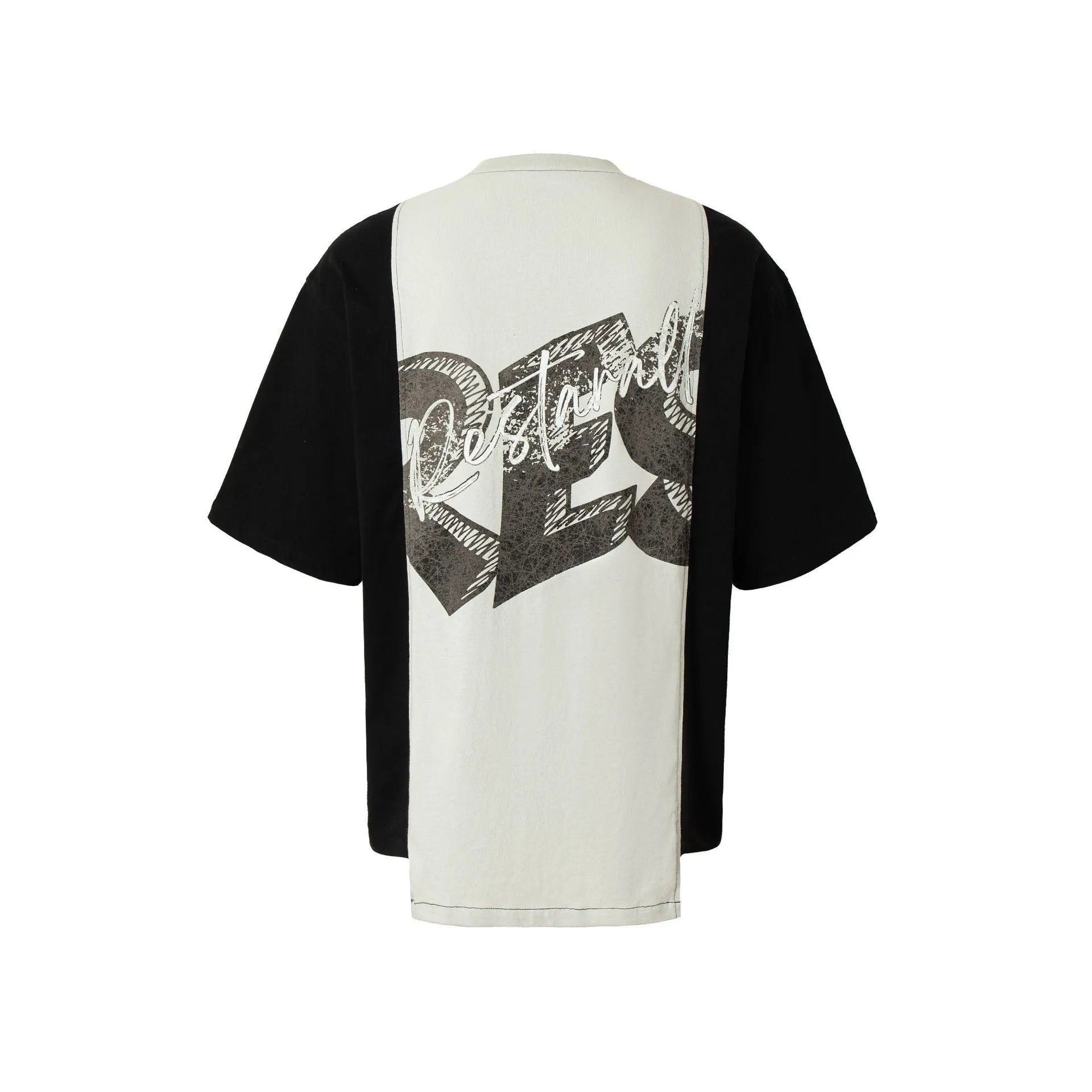 Black and white deconstruction printed loose fit cotton blend t-shirt on hanger.