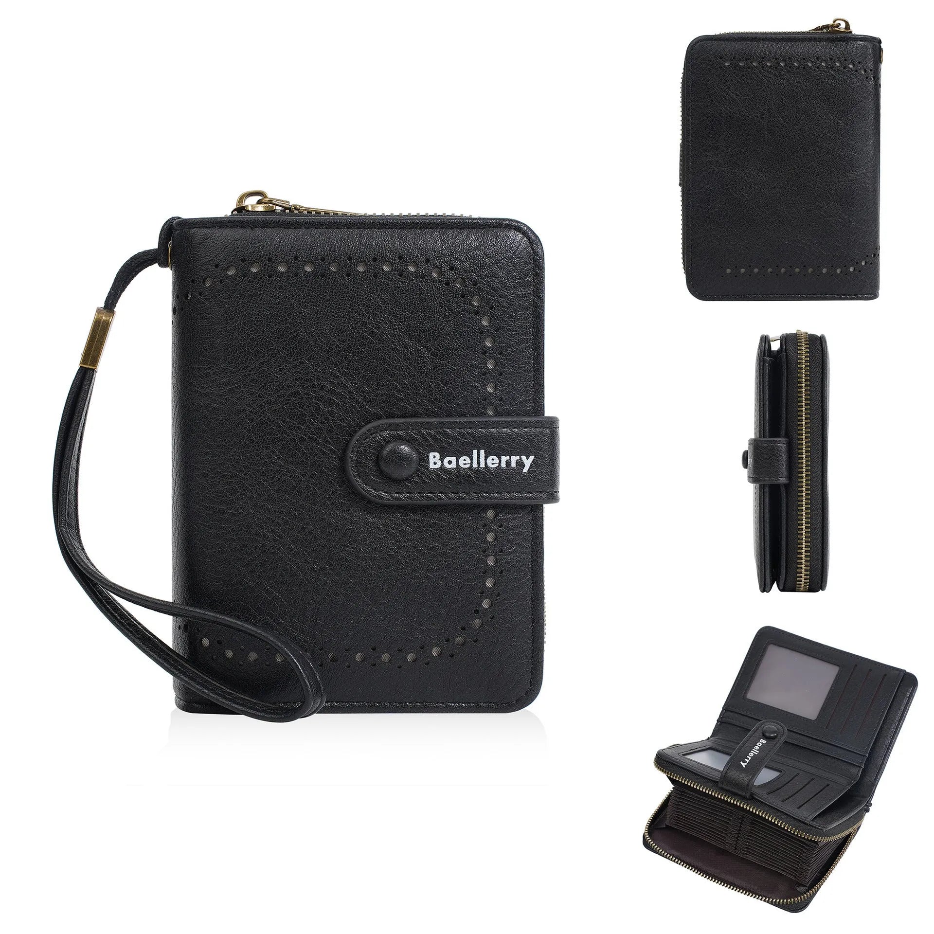 Women's black PU leather zip coin purse lying open showing card slots and a coin compartment.