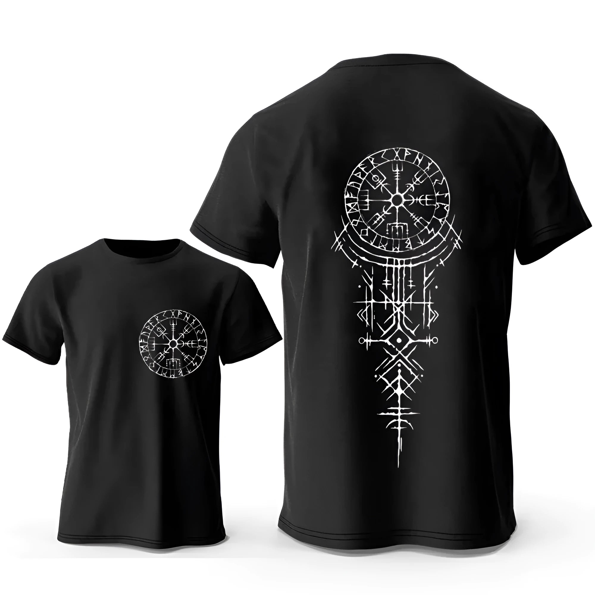 Front view of a men's pure cotton T-shirt featuring a detailed Viking rune compass graphic print.