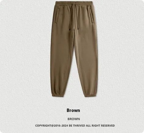 Men's solid colour cotton velvet sweatpants with ankle band design in dark brown